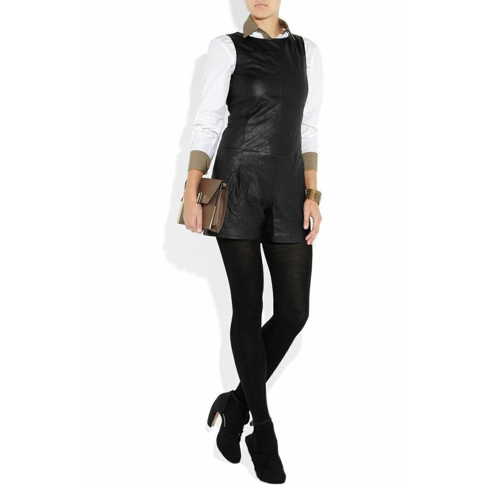 Theory Rare Jenma Black Leather Playsuit Romper Sleeveless Crew Neck Size 4